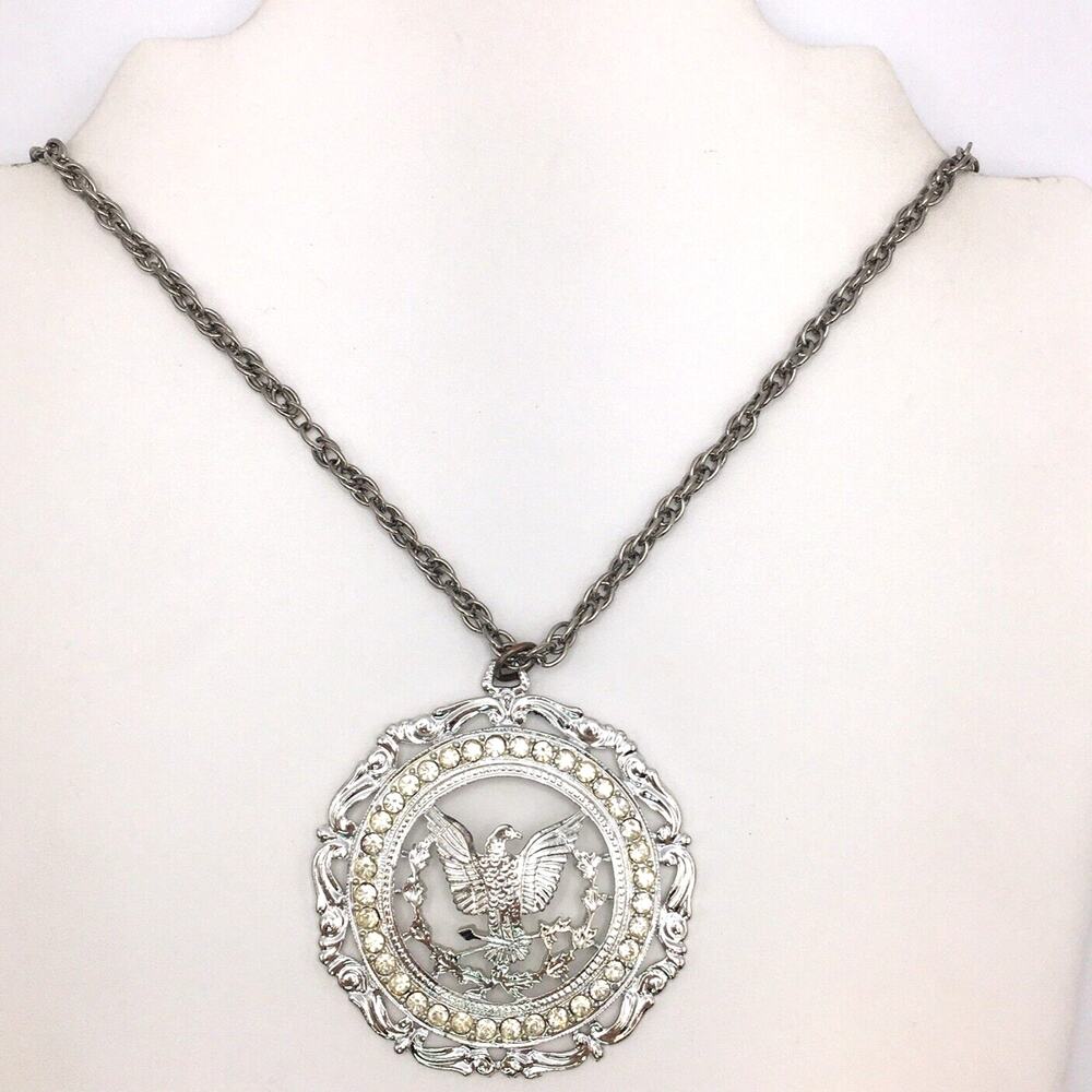 Vintage Signed Royal Eagle Medallion Pendant Necklace Rhinestone Accented